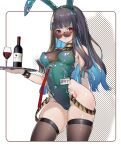  1girl alcohol animal_ears bare_shoulders black_hair blue_hair bottle breasts brown_thighhighs colored_inner_hair covered_navel cup drinking_glass fake_animal_ears fate/grand_order fate_(series) green_leotard grey_eyes highleg highleg_leotard highres jewelry leotard long_hair looking_at_viewer medium_breasts multicolored_hair name_tag neck_ring o-ring playboy_bunny rabbit_ears round_eyewear sidelocks solo sunglasses tenochtitlan_(fate) thighhighs thighs tray ura_illust wavy_hair wine wine_bottle wine_glass wristband 