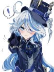  ! 1girl ahoge arm_up ascot back_bow blue_ascot blue_bow blue_eyes blue_gemstone blue_hair blue_headwear blue_jacket blue_shirt blush bow buttons closed_mouth collared_jacket collared_vest drop-shaped_pupils eyelashes furina_(genshin_impact) gem genshin_impact gloves grey_hair grey_vest hair_between_eyes hat hat_bow hat_ornament heterochromia highres jacket long_hair long_sleeves looking_at_viewer magnet000 mismatched_pupils multicolored_hair open_clothes open_jacket pointing pointing_at_viewer ponytail purple_gloves shirt simple_background solo sparkle speech_bubble standing star_(symbol) symbol-shaped_pupils top_hat two-tone_hair vest white_background 