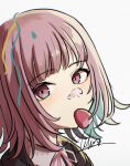  1girl bandaid bandaid_on_face bandaid_on_nose black_jacket blush brown_hair collared_shirt danganronpa_(series) danganronpa_2:_goodbye_despair food grey_shirt highres hood hooded_jacket jacket medium_hair mouth_hold nanami_chiaki neck_ribbon no_hair_ornament pink_eyes pink_ribbon ribbon shirt signature smile te_iruna 