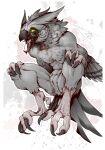 anthro avian avian_feet barefoot beak bird blood bodily_fluids claws feathers feet hi_res kredri male nude open_mouth owl paws simple_background solo tail tail_feathers talons toe_claws toes vampire 
