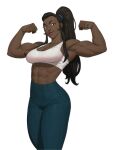  1girl a&amp;a:_adesina_and_armstrong black_hair cowboy_shot dark-skinned_female dark_skin flexing grey_pants high_ponytail highres light_smile lipstick long_hair looking_at_viewer makeup midriff muscular muscular_female nesskain pants sidelocks simple_background solo sonia_adesina tank_top white_background white_tank_top yoga_pants 