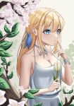  1girl bare_arms bare_shoulders blonde_girl_(popopoka) blue_eyes blue_ribbon borrowed_character braid breasts brown_flower cherry_blossoms choker cleavage collarbone flower hair_ribbon hand_up highres holding holding_flower large_breasts oeffe_(oeffe_blank) original ribbon ribbon_choker solo tree 