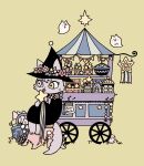  1girl basket cat_girl cat_tail flower furry garouma ghost grey_eyes hat hat_flower heterochromia highres original pink_flower red_flower simple_background sitting solo star_(symbol) tail tree_stump white_flower wide_shot witch witch_hat yellow_background yellow_eyes 