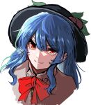  black_headwear blue_hair bow bowtie closed_mouth commentary_request food fruit hinanawi_tenshi leaf long_hair looking_at_viewer peach portrait red_bow red_bowtie red_eyes simple_background smile takana_(forsterite) touhou white_background 