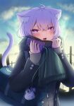  1girl absurdres ahoge animal_ear_fluff animal_ears black_jacket black_scarf blue_bag blue_sky blush cat_ears cat_girl cat_tail cellphone cloud highres holding holding_phone hololive jacket looking_at_viewer medium_hair nekomata_okayu open_mouth phone purple_eyes purple_hair scarf sky smartphone smile solo tail tkc_(user_snjd8547) virtual_youtuber 