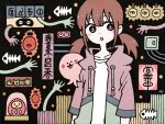  1girl blush bright_pupils brown_eyes brown_hair daruma_doll drawstring fence fish_skeleton garouma hood hood_down light_bulb octopus original parted_lips solo twintails white_pupils 