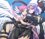  2girls :d angel_and_devil angel_wings angewomon angewomon_(cosplay) asymmetrical_clothes bare_shoulders belt black_belt black_gloves breasts catsuit chain cleavage closed_mouth commentary_request cosplay cowboy_shot digimon digimon_world_re:digitize elbow_gloves feathered_wings glasses gloves hagoromo hair_between_eyes highres hug ladydevimon ladydevimon_(cosplay) large_breasts leather_suit looking_at_viewer medium_hair mikagura_mirei multiple_girls multiple_wings navel o-ring o-ring_belt open_mouth parted_bangs pink_eyes pink_hair purple-framed_eyewear purple_eyes purple_hair rindou_akiho shawl sidelocks single_bare_shoulder skull_print small_breasts smile standing stitches stomach thigh_strap toriatto_gununu torn_clothes torn_wings twintails wings wrist_wings 