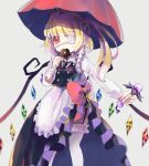  1girl alternate_costume apron black_necktie black_skirt black_vest blonde_hair bow collared_shirt cosplay crystal doughnut eyepatch feet_out_of_frame flandre_scarlet flower_wreath food frilled_apron frills garter_straps grey_background hair_between_eyes hiyuu_(hiyualice) holding holding_umbrella kirisame_marisa kirisame_marisa_(cosplay) leaf long_sleeves medical_eyepatch medium_hair mouth_hold multicolored_wings necktie one_side_up red_bow red_eyes red_umbrella shirt simple_background skirt solo thighhighs touhou umbrella vest waist_apron white_apron white_shirt white_thighhighs wings 