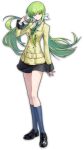  1girl ashford_academy_school_uniform black_footwear c.c. code_geass full_body green_hair highres jacket long_hair mahjong_soul official_art school_uniform simple_background skirt solo standing transparent_background yellow_eyes yellow_jacket 