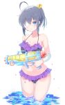  1girl ahoge bare_shoulders bikini black_bikini black_hair breasts chuunibyou_demo_koi_ga_shitai! cleavage closed_mouth cowboy_shot eyepatch highres holding holding_water_gun large_breasts looking_at_viewer medical_eyepatch medium_hair navel purple_bikini shikkoku_no_hono_mikado solo stomach swimsuit takanashi_rikka wading water water_gun white_background 