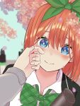  1girl black_jacket blue_eyes blurry blush bow bright_pupils cherry_blossoms closed_mouth collared_shirt commentary crying crying_with_eyes_open depth_of_field double-parted_bangs eyebrows_hidden_by_hair eyelashes falling_petals go-toubun_no_hanayome graduation green_bow green_hairband green_ribbon hair_between_eyes hair_ribbon hairband happy head_tilt highres jacket looking_at_viewer medium_hair nakano_yotsuba nose_blush orange_hair outdoors petals plaid plaid_bow pov pov_hands ribbon school_uniform shirt smile solo_focus straight_hair tears white_pupils white_shirt wiping_tears yayoi_(dygk8777) 