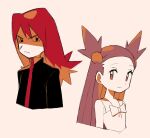  1boy 1girl black_eyes black_jacket bow brown_eyes brown_hair closed_mouth commentary dress eyelashes frown hair_bobbles hair_ornament jacket jasmine_(pokemon) long_hair pokemon pokemon_(game) pokemon_gsc red_hair silver_(pokemon) two_side_up tyako_089 upper_body white_dress 