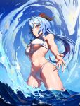  1girl absurdres ahoge alternate_costume bikini blue_hair blue_sky breasts ganyu_(genshin_impact) genshin_impact goat_horns highres horns jhigf large_breasts long_hair looking_at_viewer navel ocean outstretched_arm partially_submerged purple_eyes reaching_towards_viewer sky smile solo swimsuit water white_bikini 