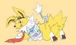  2020 3_fingers 4_fingers 4_toes black_nose blue_body blue_eyes blue_fur cute_fangs duo eeveelution eyewear eyewear_on_head feet female feral fingers fluffy fluffy_tail fur generation_1_pokemon goggles goggles_on_head hi_res inner_ear_fluff jolteon kalee_(mew) legendary_pokemon limereptile male mew_(pokemon) neck_tuft nintendo open_mouth pawpads paws pink_eyes pink_pawpads pokemon pokemon_(species) scarf shrike_alvaron simple_background tail toes tongue tongue_out tuft white_body white_fur yellow_background yellow_body yellow_fur 