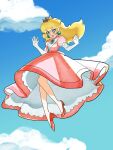 1girl :d artist_request bare_legs blue_eyes cloud crown dress earrings elbow_gloves floating full_body gloves high_heels highres jewelry mario_(series) open_mouth pink_dress princess_peach red_footwear sky smile solo sphere_earrings white_gloves 