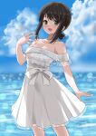  1girl black_eyes black_hair blue_sky breasts cloud day dress feet_out_of_frame frilled_dress frills fubuki_(kancolle) horizon kantai_collection kitagawa_mikio low_ponytail medium_hair ocean off-shoulder_dress off_shoulder official_alternate_costume outdoors ponytail see-through_silhouette short_ponytail sidelocks sky small_breasts smile solo 