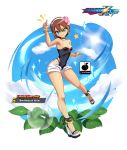  1girl aile_(mega_man_zx) arm_up artist_logo black_one-piece_swimsuit blue_sky bracelet breasts brown_hair collarbone commentary day english_commentary english_text feet full_body green_eyes hair_between_eyes hairband headphones high_heels highleg highleg_swimsuit highres jewelry leaf legs linkartoon logo looking_at_viewer medium_hair mega_man_(series) mega_man_x_(series) mega_man_x_dive one-piece_swimsuit outdoors sandals short_shorts shorts sky small_breasts solo sparkle strapless strapless_swimsuit strappy_heels swimsuit swimsuit_under_clothes thighs toenails toes white_hairband white_shorts 