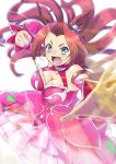  1girl animal_ears as&#039;maria bare_shoulders blue_eyes blurry breasts brown_hair cleavage clenched_hand depth_of_field detached_sleeves dress highres horse_ears incoming_attack incoming_punch kawakami_princess_(umamusume) large_breasts long_hair open_mouth parted_lips petticoat pink_dress punching reaching reaching_towards_viewer solo umamusume v-shaped_eyebrows very_long_hair white_background 