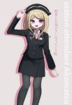  1girl :d akamatsu_kaede alternate_costume arm_up artist_name black_headwear black_jacket black_pantyhose black_skirt blonde_hair breasts collared_shirt danganronpa_(series) danganronpa_v3:_killing_harmony feet_out_of_frame hair_ornament jacket long_hair long_sleeves medium_breasts mikao_(eanv5385) musical_note musical_note_hair_ornament necktie open_mouth pantyhose pencil_skirt pink_necktie purple_eyes shirt skirt smile solo station_attendant swept_bangs translation_request white_shirt 