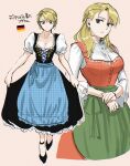  1girl absurdres apron blonde_hair braid breasts cleavage curtsey ear_piercing frills fullmetal_alchemist german_clothes german_flag highres large_breasts ozaki_(tsukiko3) piercing riza_hawkeye 