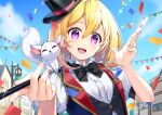  1girl black_bow black_bowtie blonde_hair bon_(bonbon315) bow bowtie card hat holding holding_card looking_at_viewer magician medium_hair original playing_card purple_eyes smile solo suit top_hat upper_body wand 