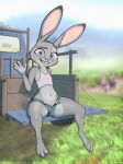  absurd_res bottomwear clothing disney fluffytuft hi_res judy_hopps lagomorph leporid looking_at_viewer mammal nipple_outline outside public rabbit shorts sitting smile spread_legs spreading tight_clothing unbuttoned zootopia 
