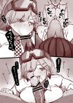  1boy 1girl :&gt;= absurdres afterimage bent_over breast_rest breasts checkered_necktie clenched_teeth collared_shirt commission double-parted_bangs fellatio gendouki girls&#039;_frontline goggles goggles_on_head hair_between_eyes hair_ornament hair_over_one_eye hairclip hand_on_another&#039;s_leg highres jewelry large_breasts large_penis licking licking_penis long_hair long_sleeves looking_at_viewer moaning mole mole_under_eye monochrome motion_lines necktie oral parted_bangs penis shirt sig_mcx_(girls&#039;_frontline) skeb_commission skirt speech_bubble spread_legs teeth tongue tongue_out 