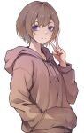  1girl absurdres anya_melfissa blue_eyes brown_hair brown_hoodie commentary_request hand_in_pocket highres hitozche hololive hololive_indonesia hood hoodie long_sleeves looking_at_viewer short_hair signature simple_background smile solo standing upper_body v virtual_youtuber white_background zipper 