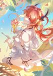  1girl absurdres arknights bare_shoulders commentary_request detached_sleeves elecdianzi food highres holding holding_spoon horns ice_cream long_hair long_sleeves looking_at_viewer official_alternate_costume purple_eyes red_hair solo spoon surtr_(arknights) surtr_(colorful_wonderland)_(arknights) thigh_strap thighs 