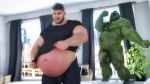  abdominal_bulge ad-games balls belly belly_inflation big_belly boruk_(ad-games) duo fangs genitals green_body green_skin hi_res human humanoid humanoid_pointy_ears inflation male mammal orc penis pregnant pregnant_male size_difference teeth 