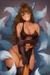  1girl animal_ear_fluff animal_ears arm_under_breasts bare_shoulders belt black_gloves black_thighhighs breasts brown_hair collarbone commentary cowboy_shot dress elbow_gloves english_commentary fox_ears fox_girl fox_tail gloves green_eyes grin highres iwbitu kitsune kyuubi large_breasts long_hair looking_at_viewer multiple_tails original panties side_slit smile solo tail teeth thighhighs underwear yellow_belt yellow_panties 