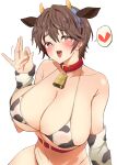  1girl animal_collar animal_ears animal_print arm_warmers armpit_crease bare_shoulders bell bikini blush breasts bright_pupils brown_hair cleavage collar collarbone covered_nipples cow_ears cow_horns cow_print cow_print_bikini fellatio_gesture halterneck heart highres horns huge_breasts idolmaster idolmaster_cinderella_girls looking_at_viewer navel neck_bell oikawa_shizuku short_hair simple_background smile solo spoken_heart string_bikini sweatdrop swimsuit tongue tongue_out umeshiba121 white_background white_pupils 