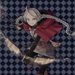  1girl ahoge arrow_(projectile) black_bridal_gauntlets blue_eyes boots bow_(weapon) braid brown_footwear capelet checkered_background cryopon fire_emblem fire_emblem_fates hairband harness highres holding holding_arrow holding_bow_(weapon) holding_weapon hood hood_down hooded_capelet key keyring leather leather_boots looking_at_viewer low_twin_braids low_twintails nina_(fire_emblem) o-ring o-ring_harness parted_bangs red_capelet red_hood smile solo twin_braids twintails weapon white_hairband 