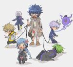  1girl 1other 4boys :o ahoge black_dress blonde_hair blue_eyes blue_hair blue_jacket blush braid chain chain_leash chibi crown desuhiko_thunderbolt dress facing_away flower fubuki_clockford full_body ghost green_hair grey_background grey_hair hair_flower hair_ornament halara_nightmare highres holding holding_leash hood hood_down hooded_coat hoodie horns jacket leash long_hair long_sleeves lying master_detective_archives:_rain_code multiple_boys nojiko_(natumag) on_side open_mouth pink_flower purple_eyes purple_hair shinigami_(rain_code) short_hair single_braid smile sparkling_eyes standing vivia_twilight yakou_furio yellow_hoodie yuma_kokohead 