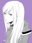  1girl absurdres commentary from_side greyscale_with_colored_background hair_between_eyes highres hood hood_down hoodie kagerou_project kido_tsubomi long_hair looking_at_viewer looking_to_the_side parted_lips portrait saitou_shiori_(pixiv14549321) serious shirt simple_background solo 