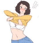  ! !! 1girl absurdres blue_pants blush bra breasts brown_hair caught clothes_lift highres kawakami_sadayo lips looking_at_viewer navel nose_blush pants parted_lips persona persona_5 shirt shirt_lift simmsy simple_background sketch solo underwear undressing upper_body white_background white_bra yellow_shirt 