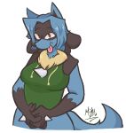  anthro blue_body clothing digital_drawing_(artwork) digital_media_(artwork) fan_character female fur green_clothing looking_at_viewer mikifluffs nintendo pokemon pokemon_(species) red_eyes smile smiling_at_viewer solo tongue tongue_out 