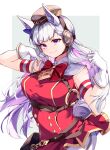  1girl animal_ears bag bare_shoulders border bow breasts brown_bag brown_headwear buttons closed_mouth commentary_request double-breasted dress ear_bow gloves gold_ship_(umamusume) grey_background grey_hair highres horse_ears horse_girl horse_tail long_hair medium_breasts misoni_(mi_so_ni_t) pantyhose pillbox_hat purple_bow purple_eyes red_bow red_dress smile solo tail umamusume very_long_hair white_border white_gloves white_pantyhose 