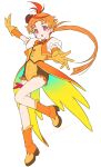  1girl boots breasts brooch cameltoe coattails cure_wing earrings full_body genderswap genderswap_(mtf) gloves hat highres hirogaru_sky!_precure jewelry kazuma_muramasa long_hair magical_girl mini_hat mini_top_hat orange_gloves orange_hair outstretched_arms parted_bangs ponytail precure puffy_sleeves red_eyes small_breasts smile solo top_hat white_background wing_brooch wing_hair_ornament 