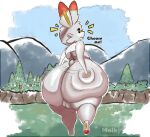  anthro backsack balls big_butt black_sclera butt butt_slap dipstick_ears english_text exclamation_point generation_8_pokemon genitals gothicc huge_butt looking_at_viewer looking_back male mountain multicolored_ears nintendo nude open_mouth plant pokemon pokemon_(species) scorbunny slap solo text thick_thighs tree white_eyes 