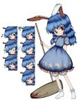  1girl ambiguous_red_liquid anger_vein animal_ears atoymk bloomers blue_dress blue_hair closed_eyes closed_mouth commentary_request dress expressions flat_chest full_body highres holding holding_mallet kine len&#039;en long_hair mallet moon_print no_shoes notice_lines open_mouth parody puffy_short_sleeves puffy_sleeves rabbit_ears rabbit_girl red_eyes seiran_(touhou) short_sleeves simple_background smile socks solo standing style_parody sun_print touhou underwear white_background white_bloomers white_socks 
