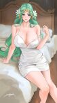  1girl areola_slip bare_shoulders bed blush breasts camisole circlet cleavage collarbone fire_emblem fire_emblem:_three_houses flower green_eyes green_hair hair_flower hair_ornament highres large_breasts long_hair looking_at_viewer on_bed parted_bangs rhea_(fire_emblem) sendo_(sendrawz) sitting smile solo thighs white_camisole 