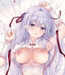  1girl armpits arms_up bed_sheet blush breasts breasts_out china_dress chinese_clothes dakimakura_(medium) dot_nose dress earrings grey_eyes grey_hair hair_ribbon highres hiiraki_asuka jewelry long_hair looking_at_viewer lying medium_breasts nipples on_back open_mouth parted_lips red_ribbon ribbon sash see-through shiny_skin signature solo sousouman star_(symbol) star_earrings sweat twinbox_school upper_body wrist_cuffs 
