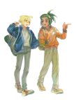  2boys :d ahoge alternate_costume bag blonde_hair brown_eyes commentary_request gladion_(pokemon) green_eyes green_hair hair_between_eyes hau_(pokemon) highres holding hood hood_down jacket male_focus multiple_boys open_clothes open_jacket open_mouth pants pointing pokemon pokemon_(game) pokemon_sm s67569077 shirt shoes short_hair short_ponytail smile sneakers tassel teeth upper_teeth_only 