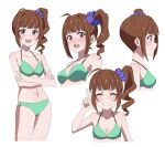  1girl absurdres ahoge amashiho bikini blue_scrunchie breasts brown_eyes brown_hair cleavage commentary_request crossed_arms drill_hair green_bikini hair_ornament hair_scrunchie highres idolmaster idolmaster_million_live! long_hair multiple_views navel open_mouth scrunchie side_drill side_ponytail simple_background small_breasts swimsuit teeth upper_body upper_teeth_only v white_background yokoyama_nao 