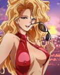  1girl blonde_hair blue_eyes breasts choker cleavage commentary covered_nipples english_commentary fritz_willie golden_boy highres long_hair looking_at_viewer medium_breasts onna_shachou red_choker solo sunglasses 