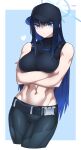  1girl abs bare_shoulders baseball_cap belt black_belt black_hair black_headwear black_pants black_shirt blue_archive blue_background blue_eyes breasts chest_harness commentary_request covered_collarbone crop_top cropped_legs crossed_arms groin halo harness hat heart highres ikusuke long_hair looking_at_viewer medium_breasts midriff muscular muscular_female navel no_mask pants partial_commentary saori_(blue_archive) shirt sleeveless sleeveless_shirt snap-fit_buckle solo standing 