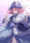  1girl backlighting blue_headwear blue_kimono blue_ribbon cherry_blossom_print cherry_blossoms closed_eyes closed_mouth floating_hair floral_print frilled_kimono frilled_sleeves frills gradient_background hat highres japanese_clothes kimono mob_cap murumuru_(pixiv51689952) pink_hair ribbon saigyouji_yuyuko short_hair smile solo touhou triangular_headpiece wide_sleeves 