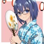  1girl alternate_costume black-framed_eyewear blue_eyes blue_hair blue_kimono blush border ciel_(tsukihime) closed_mouth commentary floral_print glasses hair_between_eyes hand_fan hirakawa holding holding_fan japanese_clothes kimono looking_at_viewer outside_border paper_fan red_background short_hair simple_background smile solo tsukihime tsukihime_(remake) white_border yukata 