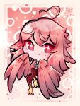  1girl absurdres ahoge animal_ears bird_ears bird_legs chibi commentary feathered_wings feathers hair_between_eyes harpy heart heart_ahoge highres iinneo long_hair looking_at_viewer monster_girl original pink_feathers pink_hair pink_wings red_eyes smile solo talons winged_arms wings 